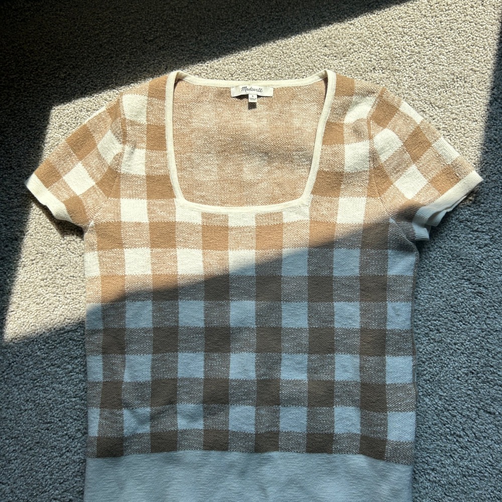 Madewell Gingham Square Neck Sweater Tee Tan Cream Short Sleeve Knit Top Small